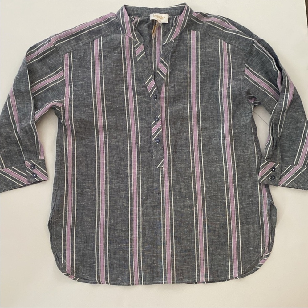 Laundry by Shelli Segal Linen Blend Shirt Top Gray Pink V Neck New size Small - Picture 7 of 11